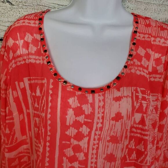 Studio Y Women’s XL Coral Pink Long Sleeve Sheer Blouse Studded Boho Print - Picture 3 of 7
